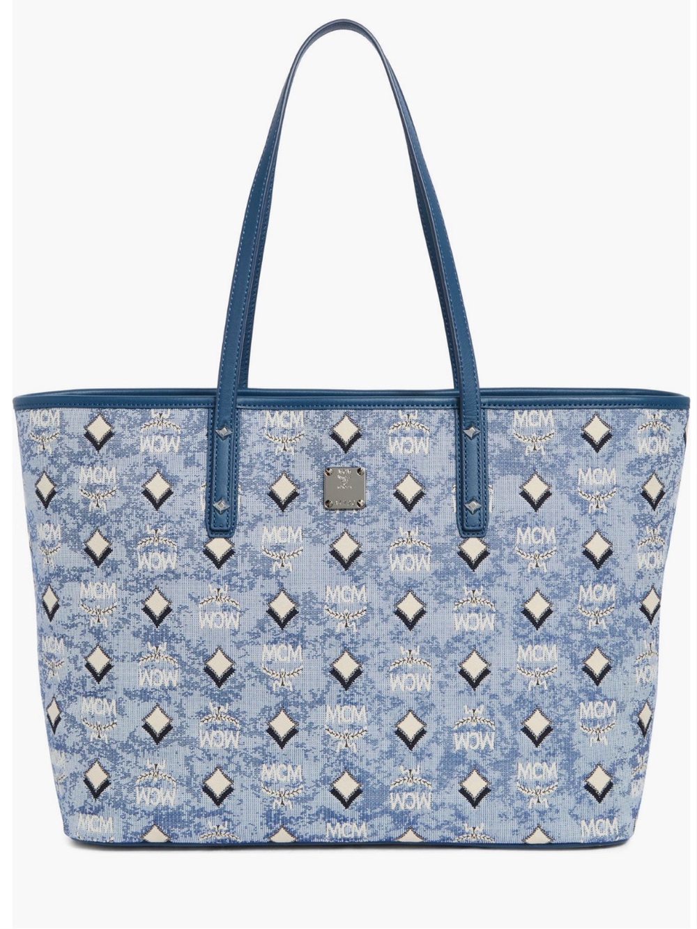MCM Aren Light Blue Logo Monogram Tote with Blue Trim NWT